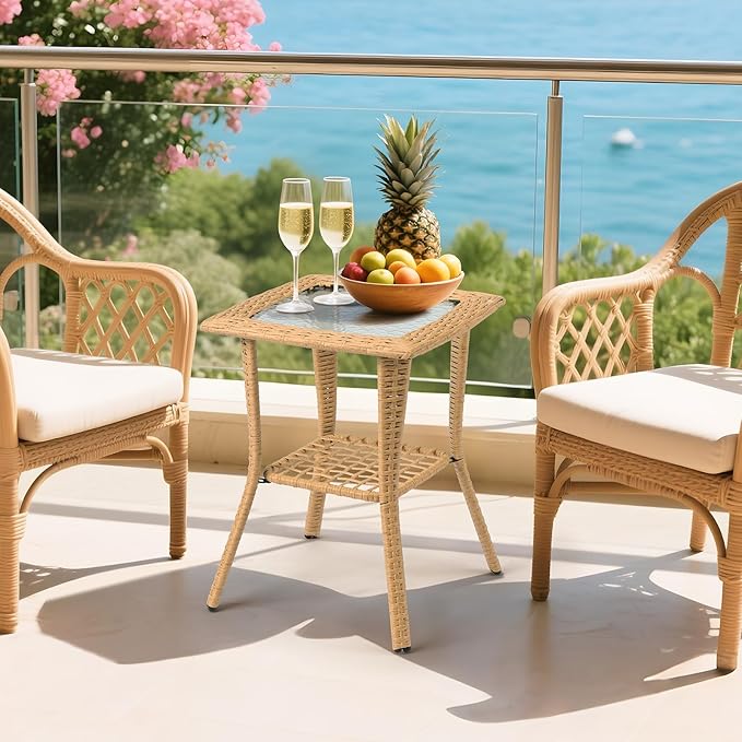 VINGLI Outdoor Side Table with Storage Wicker Patio Side Table, Tempered Glass Top End Table for Balcony Porch Deck (Beige)