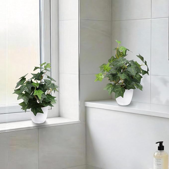 alyptus Fake English Ivy Plants in Pots Set of 2 – Realistic Artificial Ivy Greenery for Home Decor, Tabletop, Office, Shelf, Balcony or Bathroom - Green with White Pots