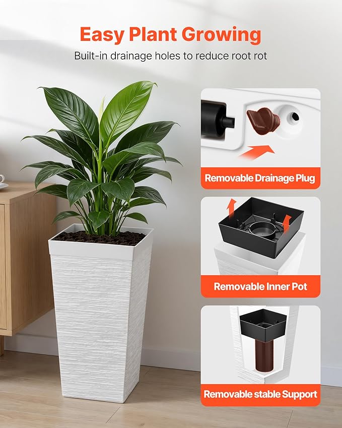 VEVOR Set of 2 Tall Planters for Outdoor Plants 23 inch, White Tall Planter for Indoor Plants, Modern Planters for Front Porch Patio Balcony, Plant Container Flower Pots with Built-in Drainage