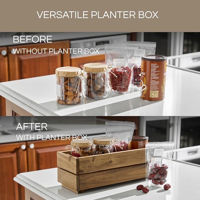 Wooden Planter Box, Storage Box 17”L x6”W x5.5”H with Crate Style, Acacia Wood Flower Container, Rustic Rectangle Planter for Planting, Decor and Storage - 3 Colors (Golden Teak)