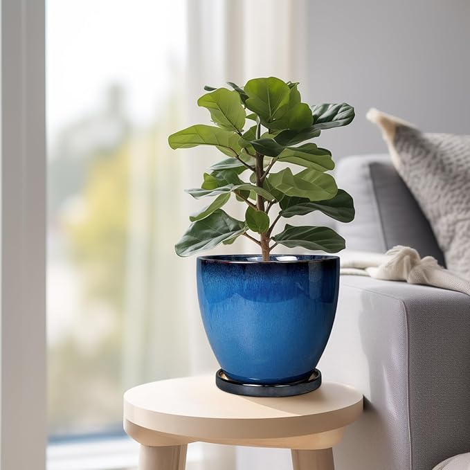 Ceramic Planters for Indoor Plants - 6.3 Inch Plant Pot with Drainage Hole and Saucer Round Modern Planter Home Garden Patio Decor Blue