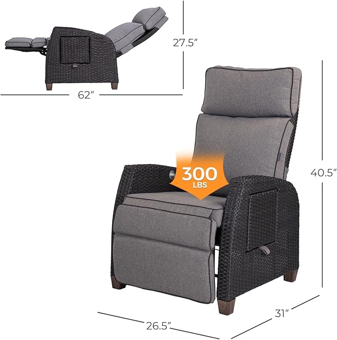 Grand patio Outdoor Reclining Chairs with Extended Footrest 2-Piece Adjustable WickerPatio Lounge Recliner up to 15 with Flip Side Table, Cool Grey
