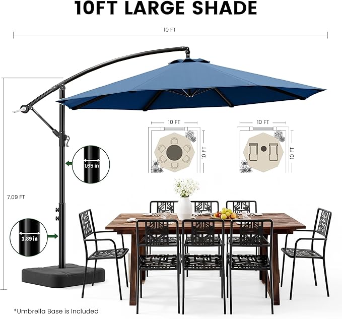 OLILAWN 10ft Patio Umbrella with Base Included, Outdoor Offset Cantilever Umbrella Upgraded Yarn-dyed Fabric Shade, Sturdy 8 Rids,360 Degree Rotation & Easy Tilt Adjustment, for Pool Deck Porch Backyard Garden,Sapphire