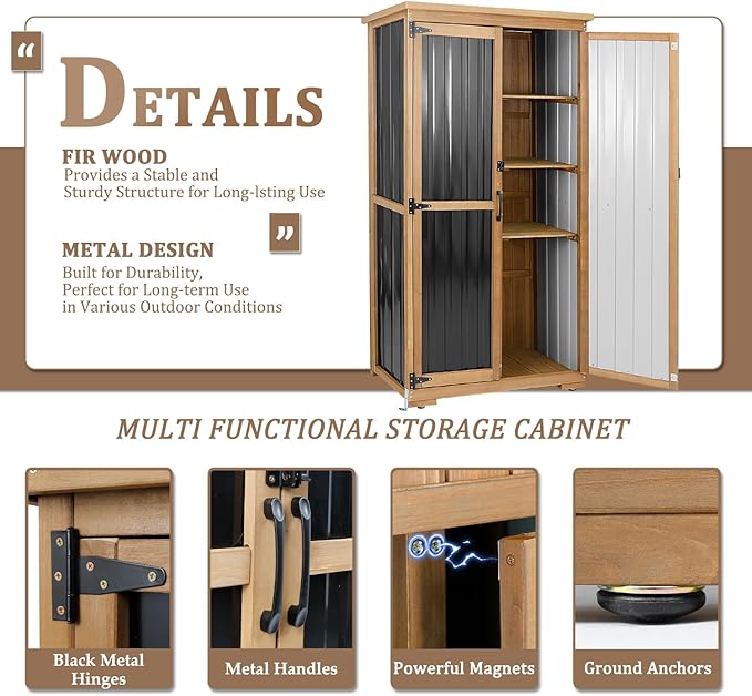 PetsCosset Outdoor Storage Cabinet, Wood & Metal Storage Shed with Weather-Resistant Roof, Removable Shelves, Lockable Doors, Outside Storage Tool Organizer for Garden, Patio, Backyard, Garage, Pool
