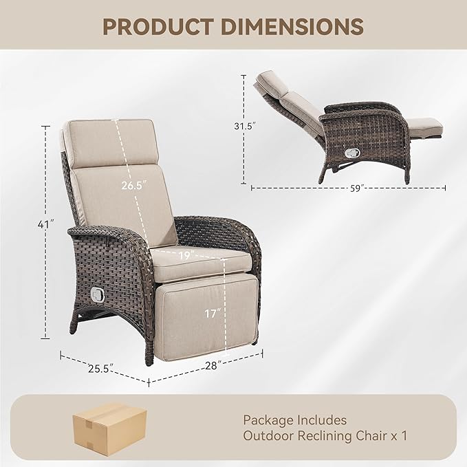 Zero Gravity Wicker Patio Recliner Chairs Set of 2 - Wicker Outdoor Lounge Chair with Adjustable Backrest & Footrest, All Weather Outdoor Reclining Chairs with Thick Cushion for Pool Deck Beige