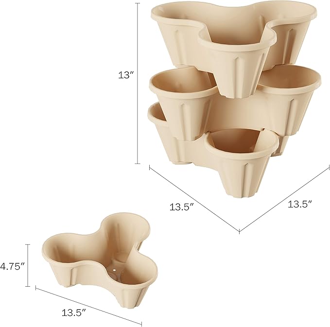 Set of 3 Stacking Planter Tower - 3-Tier Space Saving Flower Pots - Indoor/Outdoor Vertical Herb and Vegetable Planter by Pure Garden (Sand Stone)