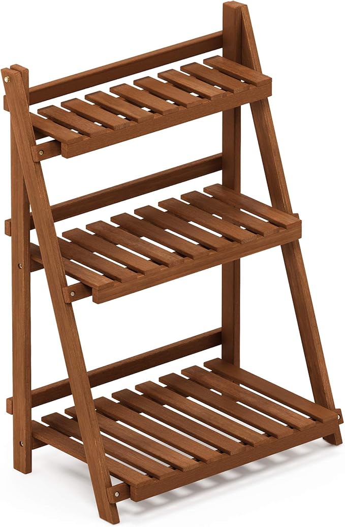 Furinno FG18452 Tioman Hardwood Patio Furniture Outdoor 3-Tier Flower Rack, Natural