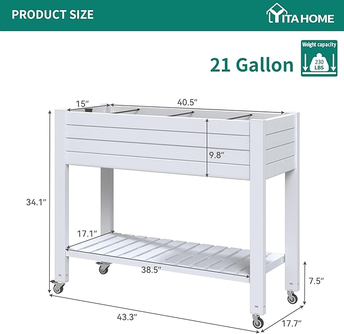 YITAHOME 43.3x17.7x34 in Elevated Garden Bed, Outdoor Plastic Planter Box with Wheels, Legs, Drain Plug, and Storage Shelf for Plants, Vegetables, Flowers, Herbs, Grayish-White