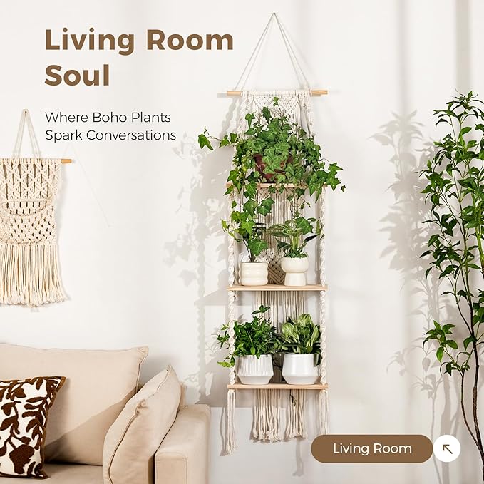Bamworld Plant Wall Shelf Boho Plant Stand Window Plant Shelf 3 Tier Macrame Plant Hangers Boho Room Decor Hanging Shelf for Bedroom, Living Room, Balcony