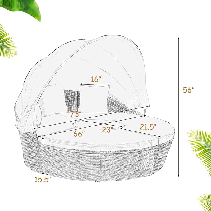 Tangkula Patio Round Daybed with Retractable Canopy, Outdoor Wicker Rattan Furniture Sets, Sectional Cushioned Sofa Set w/Height Adjustable Coffee Table, Rattan Conversation Sets (Black)