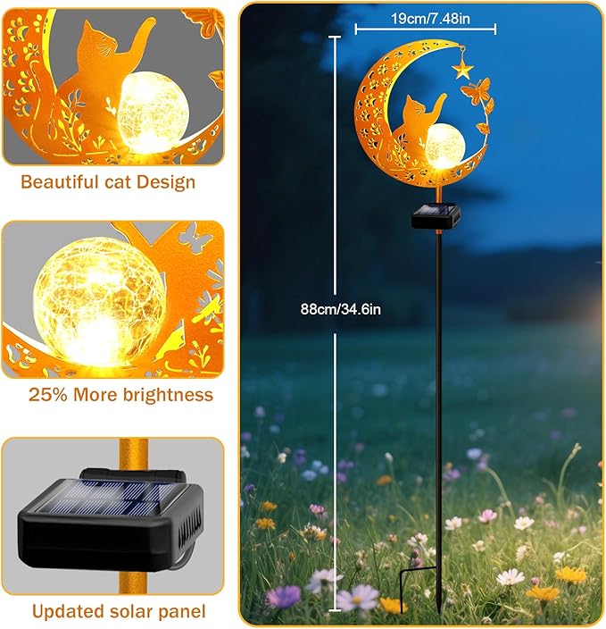 YJFWAL Garden Solar Cat Lights Pathway Stake Lights Glass Globe with Moon Cat Decor, Christmas Gift for Mom Grandma Friends, Outdoor Decor Light Waterproof for Walkway, Patio or Garden (Warm White)