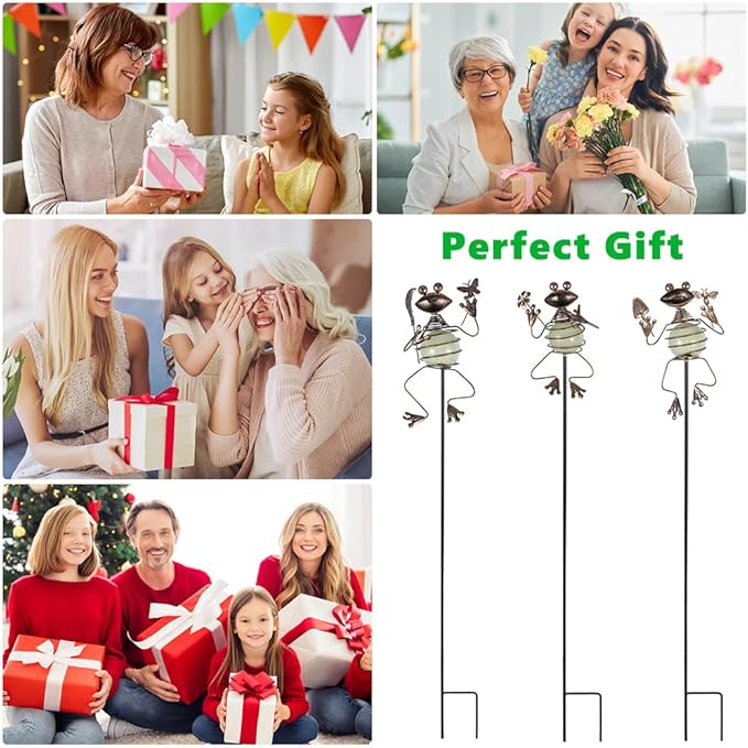 3 Pack Decorative Garden Stakes,Frog Waterproof Metal Spring Decor,Outdoor Decorations Yard Art Garden Stakes for Patio Yard Porch Decor