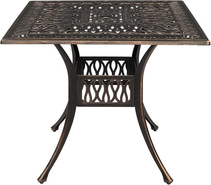 VINGLI Patio Dining Table with Umbrella Hole, Cast Aluminum Outdoor Bistro Furniture for Garden (35.4" Lx35.4 Wx29.5 H)