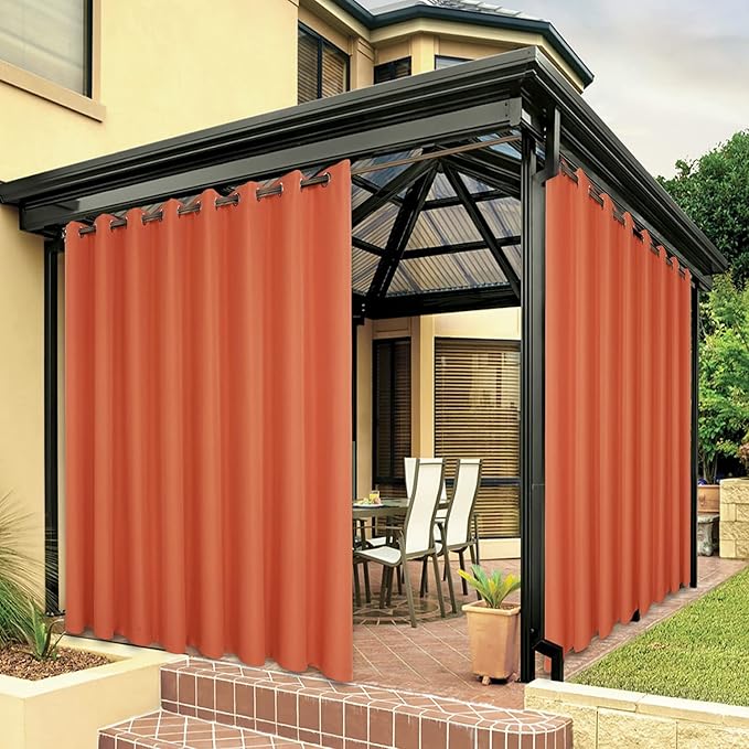 BONZER Extra Wide Waterproof Outdoor Curtains for Patio Heavy Privacy Light Filtering Grommet Outside Curtains for Porch, Pergola, Gazebo, 1 Panel, 150W x 108L inch, Mecca Orange