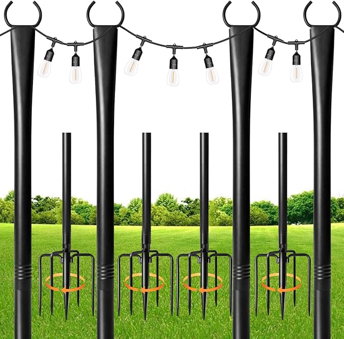 4 Pack String Light Poles for Outdoor,Metal Light Hanging Pole Outside with Fork,Light Stand for Patio, Pergola, Garden, Backyard, Yard, Camping Party (4 Pack)