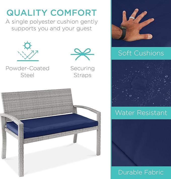 Best Choice Products Outdoor Bench 2-Person Wicker Garden Patio Benches Seating Furniture for Backyard, Porch w/Seat Cushion, 700lb Capacity - Gray/Navy
