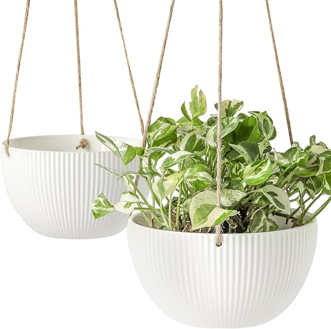 UBEE Ceramic Hanging Planters Indoor Outdoor, 7.5 Inch + 6.5 Inch Hanging Flower Pot for Plants Hanging Basket for Succulent Pothos Herbs Window Home Decor, 2 Pack, White
