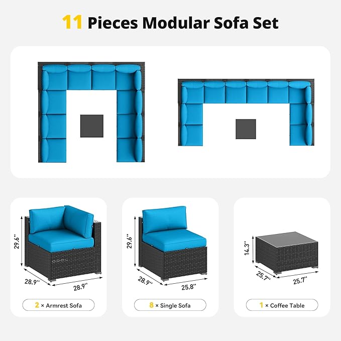 Aoxun Patio Furniture Set, 11 Piece Outdoor Sectional Sofas with Waterproof Cover, 10 Seats Wicker Rattan Outdoor Furniture Patio Conversation Set for Backyard, Garden Peacock Blue