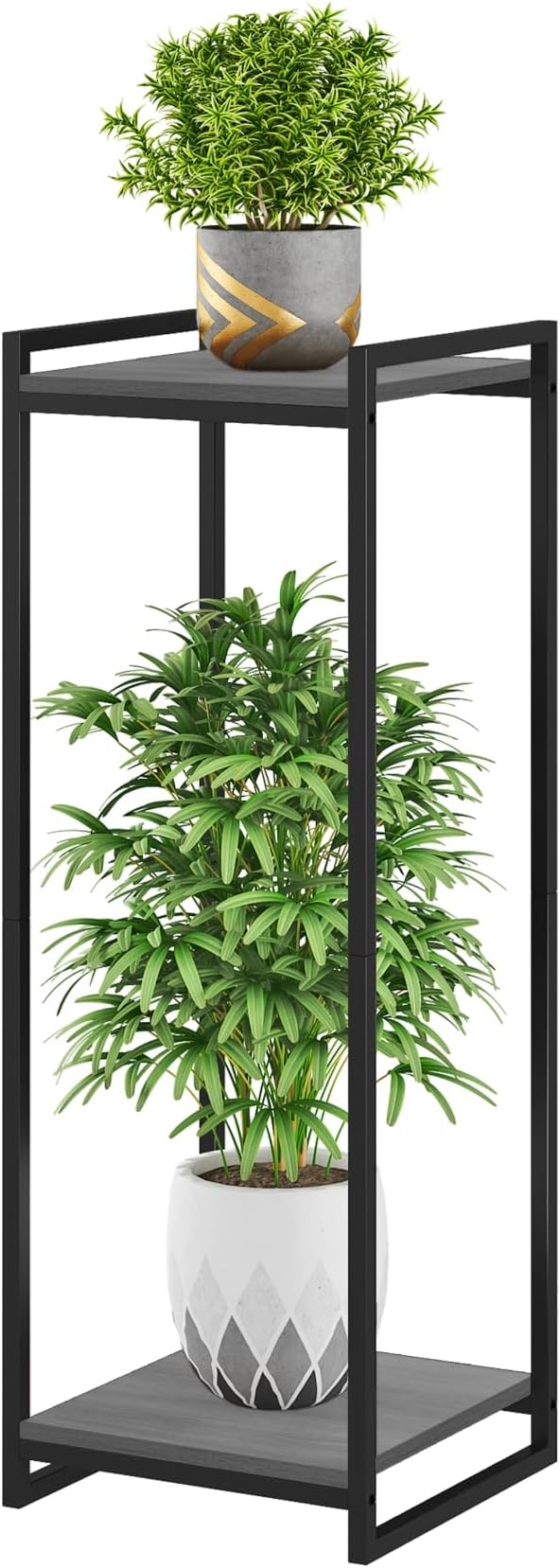 2-Tier Plant Stand Indoor, 34" Tall Modern Plant Shelf Corner Flower Pot Holder Organizer for Living Room Balcony Garden, Oak Grey