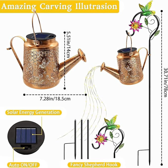 Solar Lanterns Outdoor, Hummingbird Sunflower Watering Can lights, Waterproof Hanging Lanterns, Solar Path Lights, Outside Decoration Gardening Christmas Gifts for Mom Grandma Women with Shepherd Hook