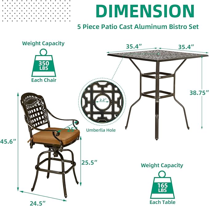 VIVIJASON 5-Piece Bar Height Patio Dining Set, Rust-Free Cast Aluminum Outdoor Table and Chairs Set with 4 Swivel Bar Stools, Cushions & 35.4" High Bar Table w/Umbrella Hole for Deck, Lawn, Garden