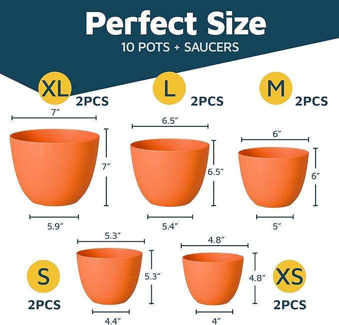 Yellow Plant Pots with Drainage Holes & Saucers 10 Pack, Indoor & Outdoor Stackable Space-Saving Planters for Houseplants & Flowers, (7", 6.7", 6", 5.3", and 4.8" Inches), Durable & Weatherproof