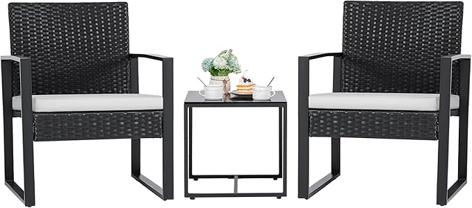 Flamaker 3 Pieces Patio Furniture Outdoor Wicker Modern Rattan Chair Conversation Sets with Coffee Table for Yard, Bistro(White)