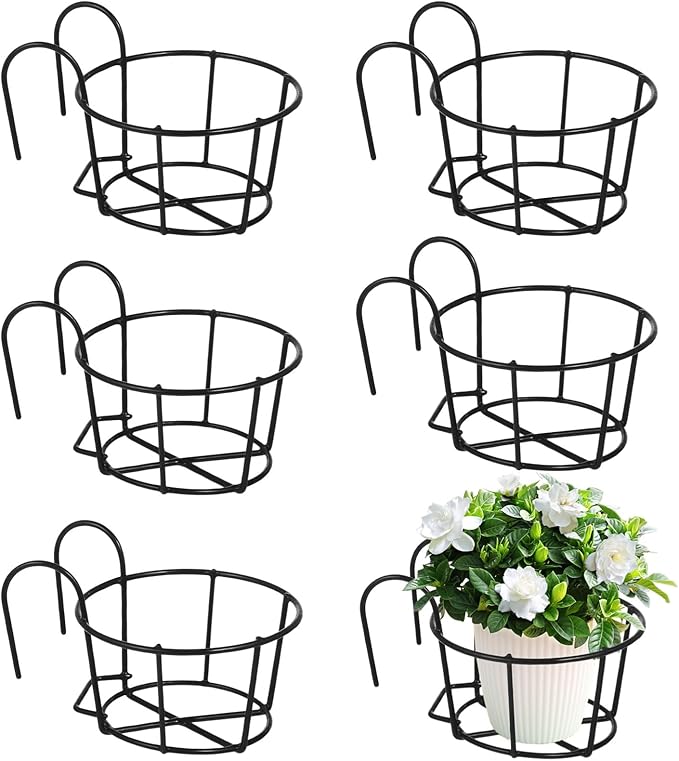 6 PCS Round Hanging Railing Planters, Hanging Flower Stand Iron Baskets, Hanging Planters for Outdoor Plants, Metal Rack Fence Shelf Plant Holder with Hooks for Balconies, Gardens, Indoor Spaces