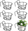 6 PCS Round Hanging Railing Planters, Hanging Flower Stand Iron Baskets, Hanging Planters for Outdoor Plants, Metal Rack Fence Shelf Plant Holder with Hooks for Balconies, Gardens, Indoor Spaces