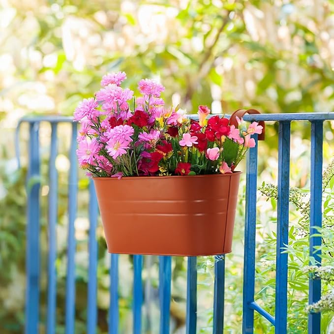 3 Pack Metal Railing Planters, 10.5" Oval Hanging Flower Pots with Detachable Hooks & Drainage Holes, Fits Rails up to 2.36", Galvanized Iron Fence Bucket for Balcony Garden Patio - Terracotta