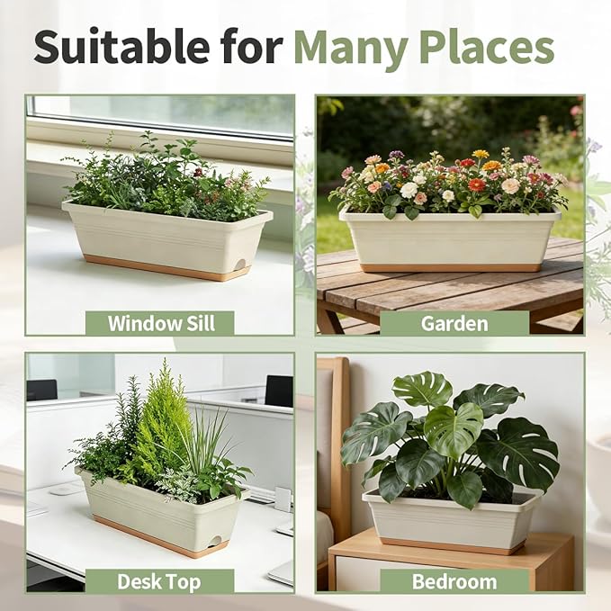 Window Box Planter, 6 Pack Plastic Vegetable Flower Window Planters Boxes 16 Inches Rectangular Flower Pots with Drainage Holes and Saucers (White)