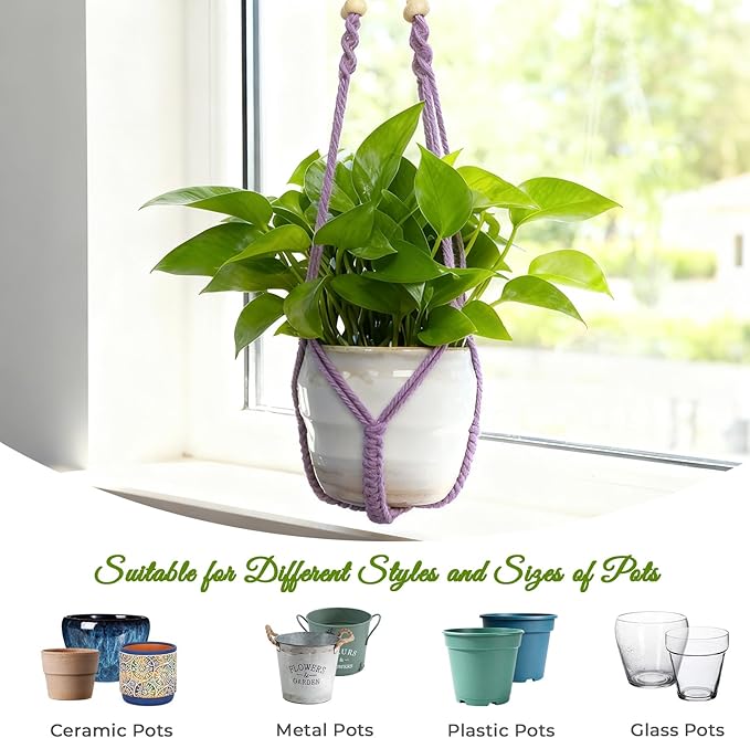 Macrame Plant Hanger, Up to 4-15 inch Pots, Wood Beads Cotton Hanging Planter Holder for Indoor Outdoor Boho Home Decor, 35 Inch, Set of 2 (Purple)