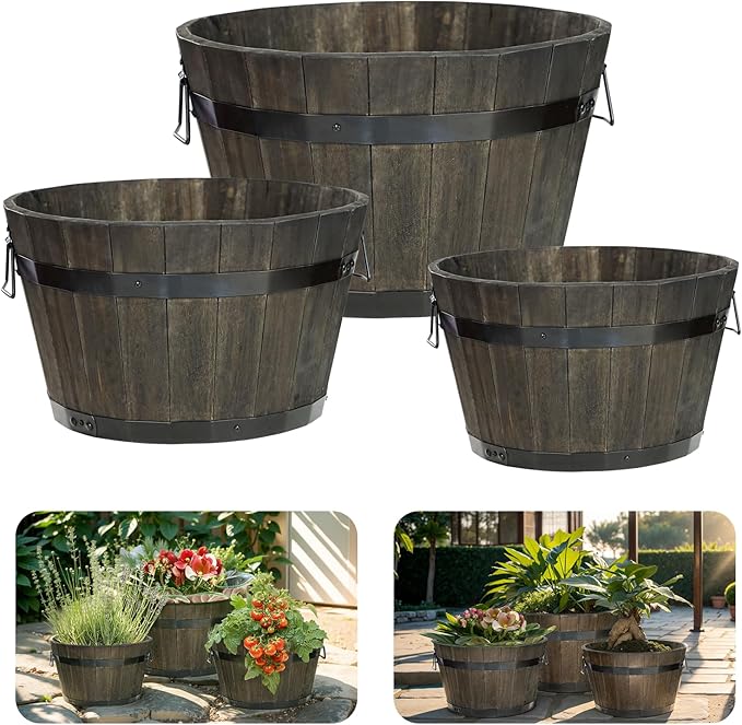 Idzo Set of 3 Wooden Flower Planters for Outdoor Plants, Acacia Wood Barrel Planters, Ergonomic Handles, Drainage Holes, Various Sizes, Black