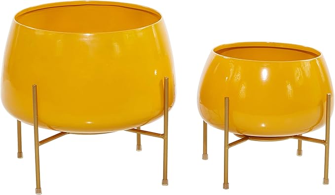 Deco 79 Metal Indoor Outdoor Planter Small Planter Pot with Removable Stand, Set of 2 Planters 8", 10"H, Yellow