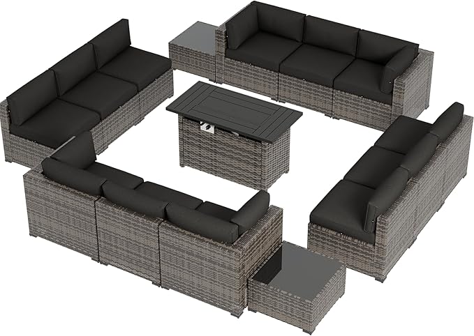 Aoxun Patio Furniture Sets, 15-Piece Outdoor Patio Furniture with 44'' Propane Gas Firepit Table, Wicker Outdoor Conversation Set Sectional Sofa for Backyard, Poolside, Garden