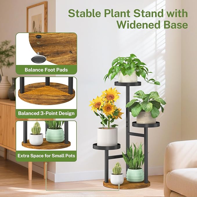 iDavosic.ly 3 Tier Plant Stand Indoor, Tiered Corner Metal Wood Multiple Flower Holder Shelf, Tall Orchid Display Rack for Patio Porch Living Room Balcony Outdoor, Brown