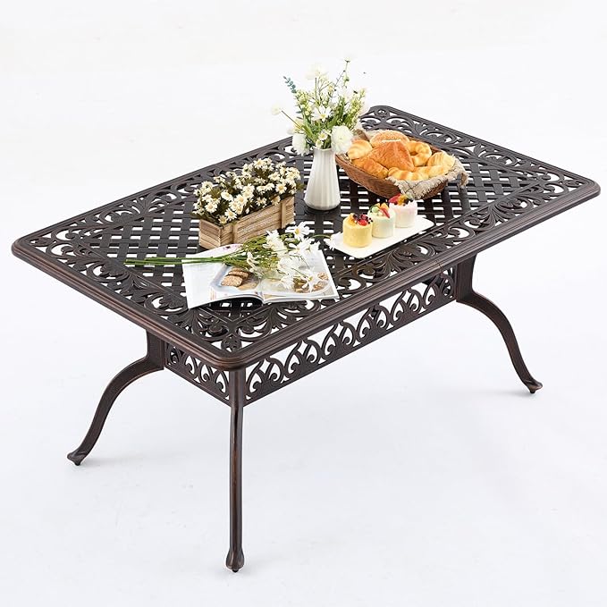 60" Cast Aluminum Outdoor Dining Table – Rectangular Red Copper Patio Table with 2" Umbrella Hole, Weather-Resistant for Garden, Backyard, and Lawn
