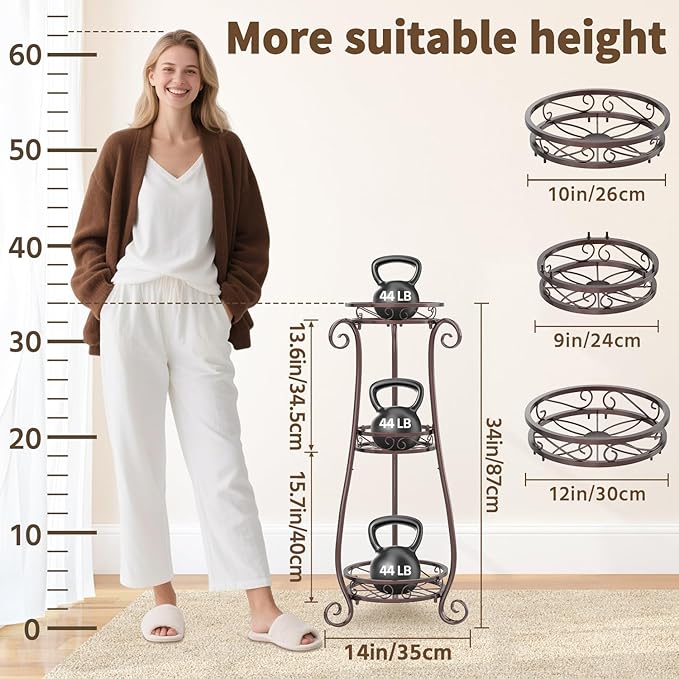 LASZOLA 3 Tier Bronze Metal Plant Stand for Multiple Large Planters Indoor Outdoor Organizer, Heavy Duty Tall Flower Stand for Corner Patio Bathroom Office, Modern Sturdy Vertical Iron Rack, Cat Proof