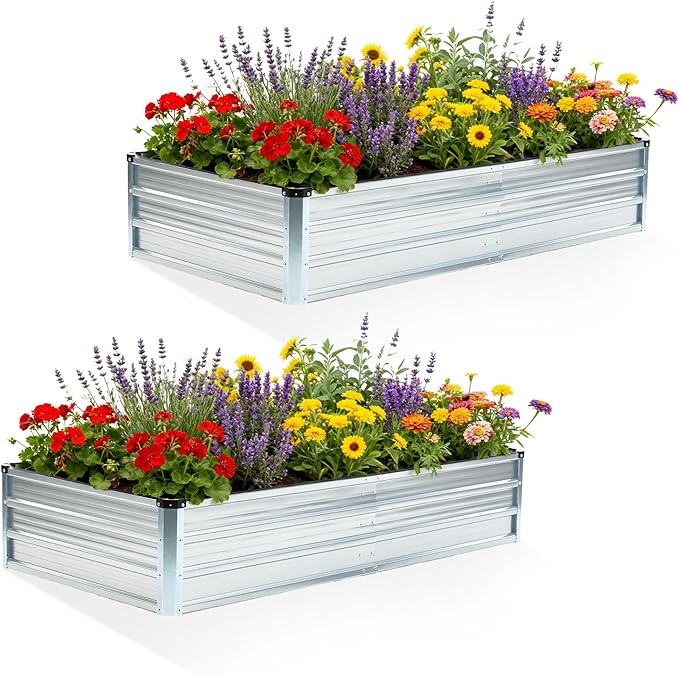 DUMOS Raised Garden Bed Outdoor, 2 Pcs 6x3x1ft Planter Box Outdoor for Deep-Rooted Herbs/Flowers/Vegetables, Large Metal Garden Bed for Patio, Balcony and Backyard, Silver