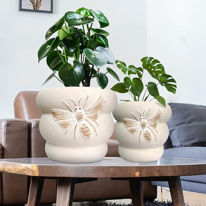 Terracotta Pots with Drainage Holes Bee Decor, Ceramic Pots for Indoor Plants Flower Pots Outdoor, Succulent, Herbs, Snake Plants (Beige, 8+6 Inch)