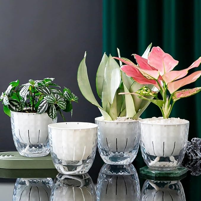 6 Pack 4 inch Self Watering Pots Planters for Indoor Plants, African Violets Pots with Wick Rope, Modern Plastic Nursery Pots for All House Plants,Flowers Succulents,Herbs,Cactus,Orchids