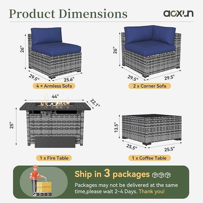 Aoxun 8 Piece Patio Furniture Set with 44” Fire Pit Table Paito Conversation Set Wicker Rattan Outdoor Sectional Sofa Set with Waterproof Cover and Thickened Cushions (Grey/Blue)