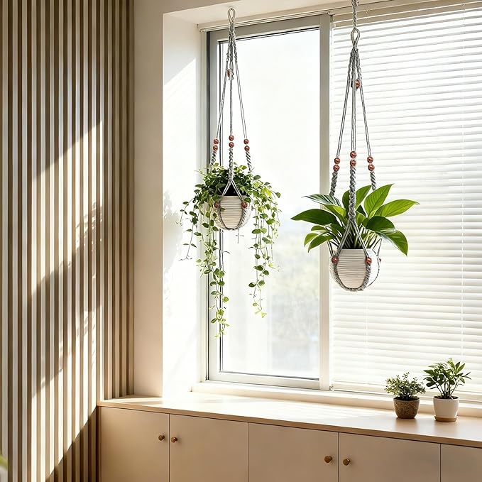 35 Inch Macrame Plant Hanger, Large for up to 15 Inch Pot Extra Long Hanging Planter Holder Basket with Wood Beads for Indoor Outdoor Home Decor (Grey, 2-Pack)