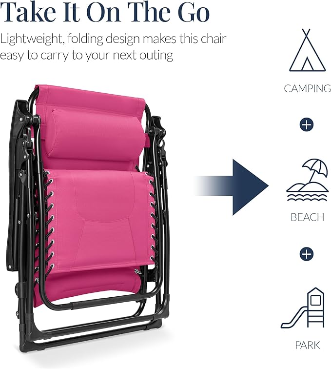 Best Choice Products Oversized Padded Zero Gravity Chair, Folding Outdoor Patio Recliner, XL Anti Gravity Lounger for Backyard w/Headrest, Cup Holder, Side Tray, Polyester Mesh - Hot Pink