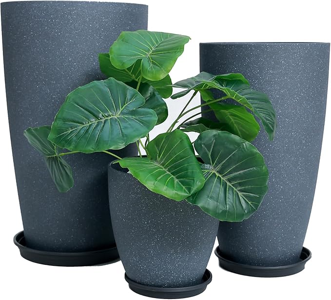 24/21/11 Inch Tall Planter Pots Garden Plastic Planters - Set of 3 for Indoor & Outdoor Use - Decorative Lightweight Flower Pots (Dark Grey)
