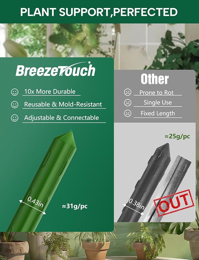 Breeze Touch Garden Trellis for Climbing Plants Outdoor, 30 Pack 17" Tomato Stakes Set with Clips & Connectors,Garden Plant Stakes, Tomato Frame, Cucumber Trellis for Raised Bed & Potted Plants