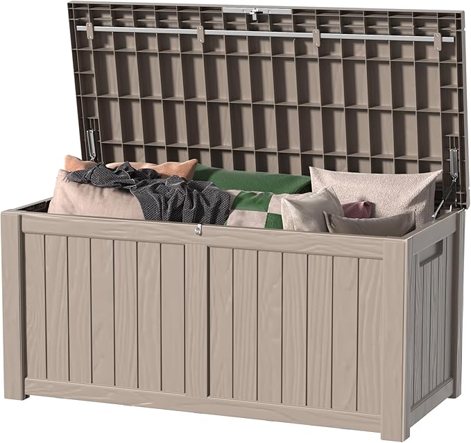 150 Gallon Outdoor Deck Box, Lockable Waterproof Outdoor Storage Boxes For Garden Tools,Indoor Cushions,Accessories Outside Storage Resin Weatherproof Container(Grey)
