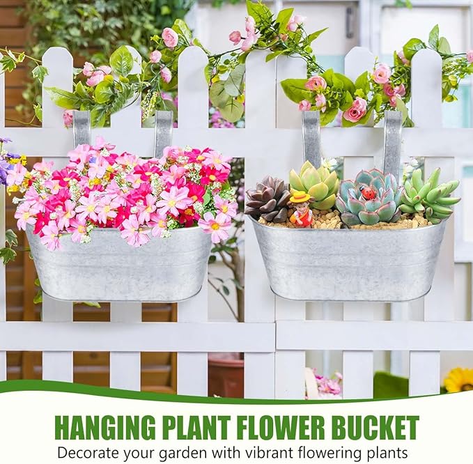 OBTANIM 4 Pack Metal Hanging Flower Pots Iron Railing Planter Outdoor Fence Hanging Pots Bucket Plant Holder with Detachable Hooks Drain Holes for Home Garden Yard Decor (Silvery)