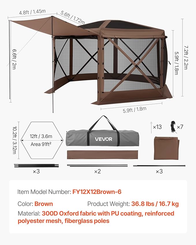 VEVOR Pop up Gazebo Screen Tent, 12 x 12 ft Large 6-Sided Camping Canopy Tent with Removable Top & Carry Bag, Quick-Set & Bite-Proof, Screen House Sun Shelter for 8-10 Persons Backyard Patio, Brown