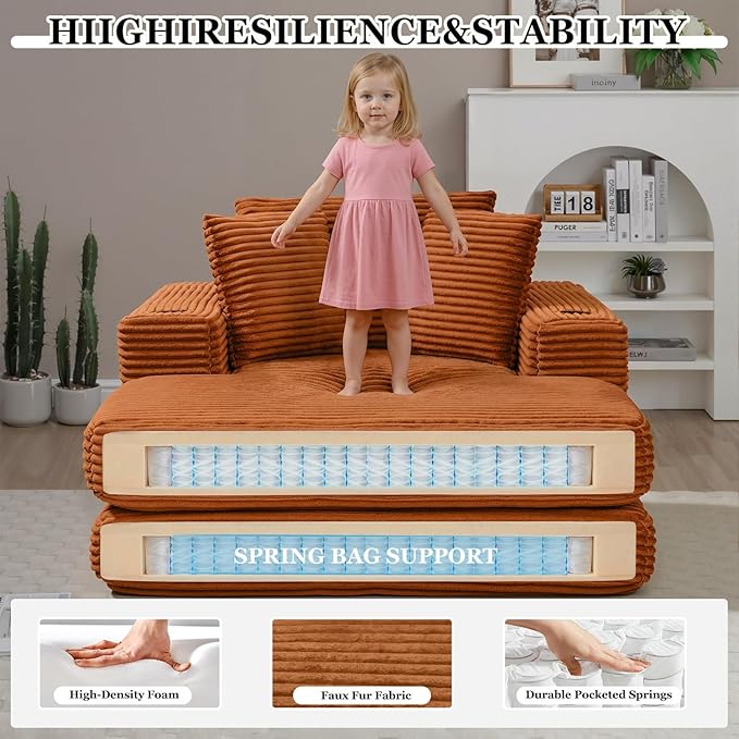 HANXIN 62" Chaise Lounge Chair Indoor, Oversized Corduroy Boneless Convertible Chaise Lounge Couch Sleeper Chair with Ottoman, Deep Seat Reading Chair, No Assembly Required (Orange)